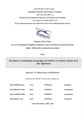 Inventaire et Systématique de quelques Invertébrés et VertébrésMarins de la côte Algérienne Inventaire et Systématique de quelques Invertébrés et VertébrésMarins de la côte Algérienne