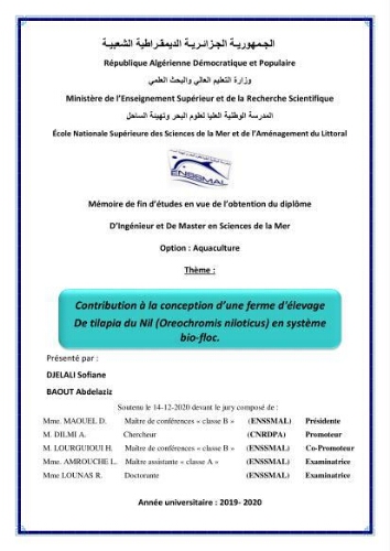 Contribution à la conception d’une ferme d'élevage De tilapia du Nil (Oreochromis niloticus) en système bio-floc.: Contribution à la conception d’une ferme d'élevage De tilapia du Nil (Oreochromis niloticus) en système bio-floc.: