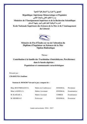 Contribution à la famille des Trachinidae (Osteichthyens, Perciformes)dans le bassin algérien: Populations et communautés caractéristiques Contribution à la famille des Trachinidae (Osteichthyens, Perciformes)dans le bassin algérien: Populations et communautés caractéristiques