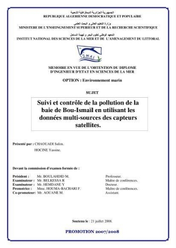 Suivi et contrôle de la pollution de la baie de Bou-Ismail en utilisant les données multi-sources des capteurs satellites: Suivi et contrôle de la pollution de la baie de Bou-Ismail en utilisant les données multi-sources des capteurs satellites: