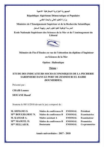 Etude des indicateurs socio-economiques de la pecherie sardinière dans le port de Zemmouri El Bahri ( Boumerdes): Etude des indicateurs socio-economiques de la pecherie sardinière dans le port de Zemmouri El Bahri ( Boumerdes):
