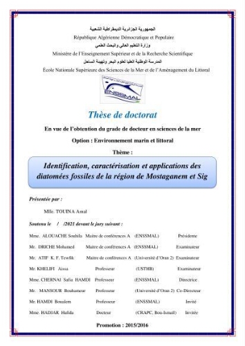 Identification, caractérisation et applications des diatomées fossiles de la région de Mostaganem Identification, caractérisation et applications des diatomées fossiles de la région de Mostaganem