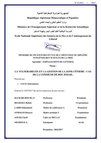 La vulnérabilité et la gestion de la zone côtière : cas de la commune de Bou-Ismail La vulnérabilité et la gestion de la zone côtière : cas de la commune de Bou-Ismail