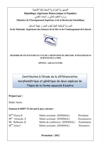 Contribution à l'étude de la différenciation morphométrique et génétique de deux espèces de Tilapia de la ferme aquacole Ezzahra: Contribution à l'étude de la différenciation morphométrique et génétique de deux espèces de Tilapia de la ferme aquacole Ezzahra: