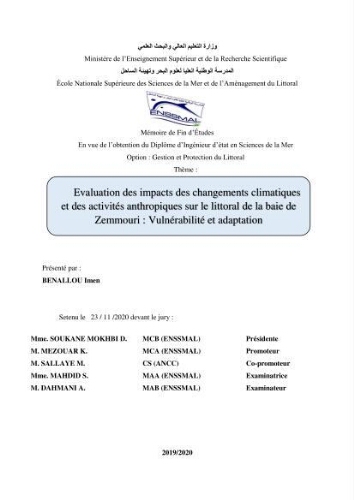 Evaluation des impacts des changements climatiques et des activités anthropiques sur le littoral de la baie de Zemmouri: Vulnérabilité et adaptation Evaluation des impacts des changements climatiques et des activités anthropiques sur le littoral de la baie de Zemmouri: Vulnérabilité et adaptation