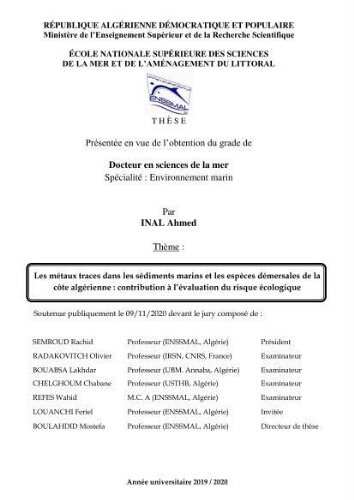 les métaux traces dans les sédiment marins et les espèces démersales de la côte algérienne contribution à l'évaluation du risque écologique les métaux traces dans les sédiment marins et les espèces démersales de la côte algérienne contribution à l'évaluation du risque écologique