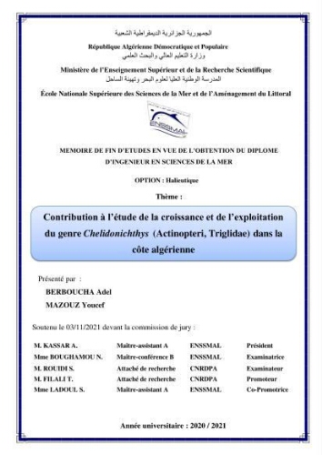 Contribution à l'étude de la croissance et de l'exploitation du genre Chelidonichthys ( Actinopteri, Triglidae) dans la côte Algérienne: Contribution à l'étude de la croissance et de l'exploitation du genre Chelidonichthys ( Actinopteri, Triglidae) dans la côte Algérienne: