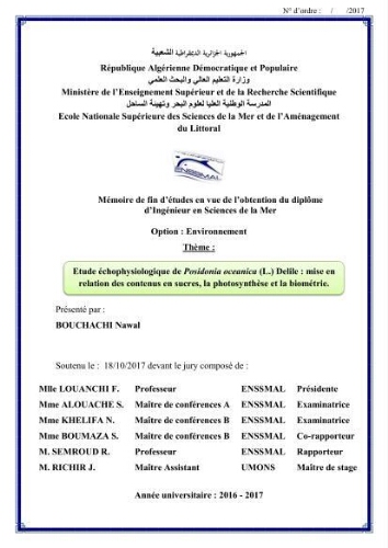 Etude échophysiologique de Posidonia oceanica (L.) Delile : mise en relation des contenus en sucres, la photosynthèse et la biométrie Etude échophysiologique de Posidonia oceanica (L.) Delile : mise en relation des contenus en sucres, la photosynthèse et la biométrie
