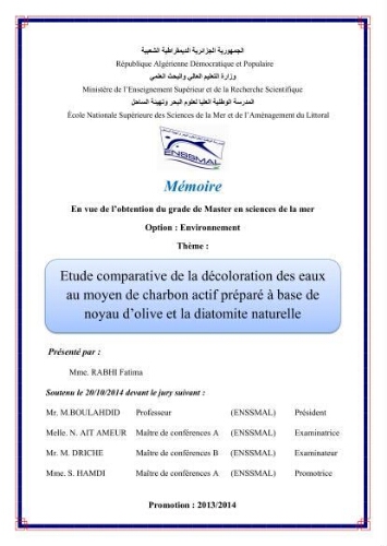 Etude comparative de la décoloration des eaux au moyens de charbon actif préparé à base de noyau d'olive et de diatomite naturelle: Etude comparative de la décoloration des eaux au moyens de charbon actif préparé à base de noyau d'olive et de diatomite naturelle: