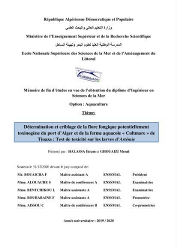 Détermination et criblage de la flore fongique potentiellement toxinogène du port d’Alger et de la ferme aquacole « Cultmare » de Tipaza :test de toxicité sur les larves d’Artémie Détermination et criblage de la flore fongique potentiellement toxinogène du port d’Alger et de la ferme aquacole « Cultmare » de Tipaza :test de toxicité sur les larves d’Artémie