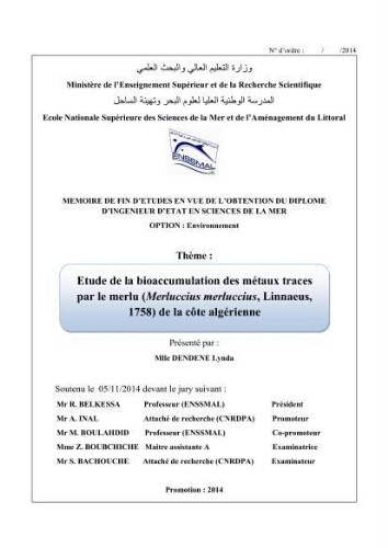 Etude de la bioaccumulation des métaux traces par le merlu (Merluccius merluccius, Linnaeus, 1758) de la côte algérienne.: Etude de la bioaccumulation des métaux traces par le merlu (Merluccius merluccius, Linnaeus, 1758) de la côte algérienne.: