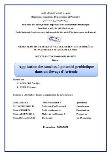 Application des souches à potentiel probiotique dans un élevage d’Artémie: Application des souches à potentiel probiotique dans un élevage d’Artémie: