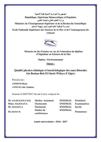 Qualité physico-chimique et bactériologique des eaux littorales : Ain Benian-Bab El Oued (Wilaya d’Alger) Qualité physico-chimique et bactériologique des eaux littorales : Ain Benian-Bab El Oued (Wilaya d’Alger)