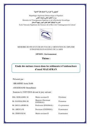 Etude des métaux traces dans les sédiments à l’embouchure métaux traces dans les sédiments à l’embouchure: Etude des métaux traces dans les sédiments à l’embouchure métaux traces dans les sédiments à l’embouchure: