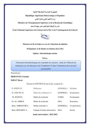 Valorisation biotechnologique des coproduits de crustacés: étude de l'efficacité du traitement avec du chitosane de l'irradiation UV dans l'élimination de Légionella pneumophila Valorisation biotechnologique des coproduits de crustacés: étude de l'efficacité du traitement avec du chitosane de l'irradiation UV dans l'élimination de Légionella pneumophila