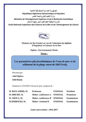 Les paramètres physico-chimiques de l'eau de mer et de sédiment de la plage ouest de Sidi-Fredj: Les paramètres physico-chimiques de l'eau de mer et de sédiment de la plage ouest de Sidi-Fredj: