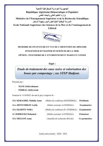 Etude de traitement des eaux usées et Valorisation des boues par Compostage: cas step Hadjout Etude de traitement des eaux usées et Valorisation des boues par Compostage: cas step Hadjout
