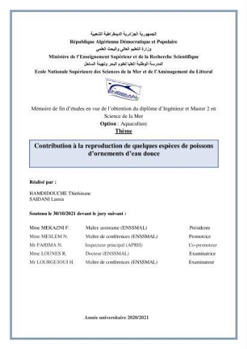 Contribution à la reproduction de quelques espèces de poissons d’ornements d’eau douce : Contribution à la reproduction de quelques espèces de poissons d’ornements d’eau douce :