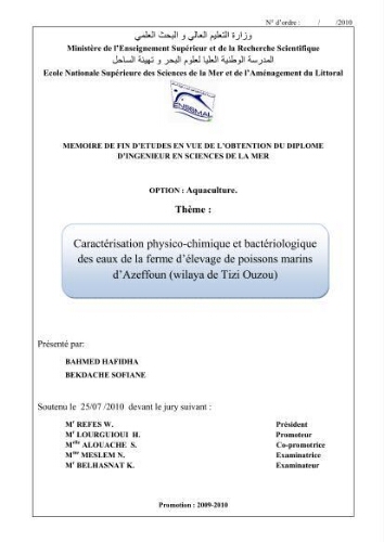 Caractérisation physico-chimique et bactériologique des eaux de la ferme d'élevage de poissons marins d'Azeffoun (Willaya de Tizi Ouzou): Caractérisation physico-chimique et bactériologique des eaux de la ferme d'élevage de poissons marins d'Azeffoun (Willaya de Tizi Ouzou):