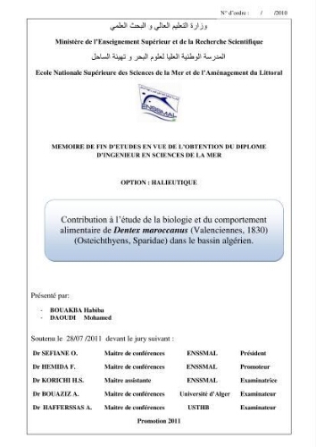Contribution à l'étude de la biologie et du comportement alimentaire de Dentex maroccannus (Valenciennes, 1830) (Osteichthyens, Sparidae) dans le bassin algérien).: Contribution à l'étude de la biologie et du comportement alimentaire de Dentex maroccannus (Valenciennes, 1830) (Osteichthyens, Sparidae) dans le bassin algérien).:
