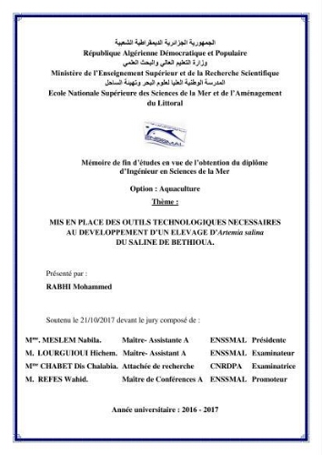Mis en place des outils technologiques necessaires au developpement d'un elevage d'Artémia Salina du saline de Bethioua: Mis en place des outils technologiques necessaires au developpement d'un elevage d'Artémia Salina du saline de Bethioua: