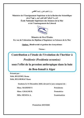 Contribution a l’étude de l’évolution de l’herbier à Posidonie (Posidonia oceanica) sous l’effet de la pression anthropique dans la baie de Bou-Ismail à Alger Contribution a l’étude de l’évolution de l’herbier à Posidonie (Posidonia oceanica) sous l’effet de la pression anthropique dans la baie de Bou-Ismail à Alger