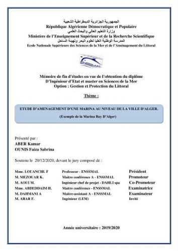Etude d'aménagement d'une Marina au niveau de la ville d'Alger (exemple de la Marina baie d'Alger): Etude d'aménagement d'une Marina au niveau de la ville d'Alger (exemple de la Marina baie d'Alger):
