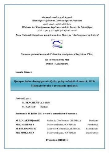 Quelques indices biologiques de Mytilus galloprovincialis (Lamarck, 1819), mollusque bivalve à potentialité mytilicole: Quelques indices biologiques de Mytilus galloprovincialis (Lamarck, 1819), mollusque bivalve à potentialité mytilicole: