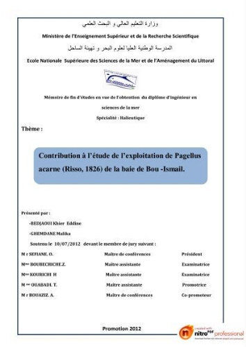 Contribution à l'étude de l'exploitation de Pagellus acarne (Risso, 1826) de la baie de Bou-ismail: Contribution à l'étude de l'exploitation de Pagellus acarne (Risso, 1826) de la baie de Bou-ismail: