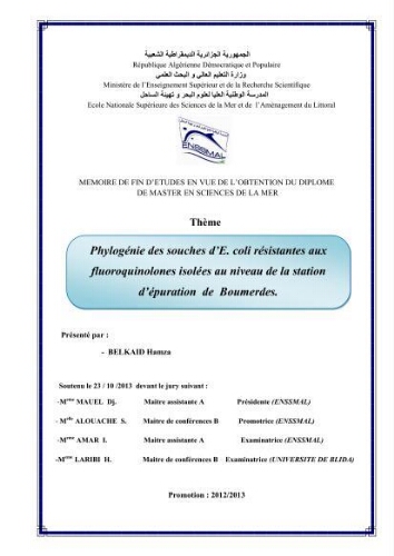 Phylogènie des souches d'E. coli résistantes aux fluoroquinolones isolées au niveau de la station d'épuration de Boumerdes: Phylogènie des souches d'E. coli résistantes aux fluoroquinolones isolées au niveau de la station d'épuration de Boumerdes: