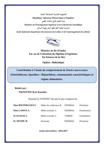 Contribution à l'étude du comportement de dentex maroccanus (Osteichthyens, Sparidae) : Répartitions, communautés caractéristiques et régime alimentaire: Contribution à l'étude du comportement de dentex maroccanus (Osteichthyens, Sparidae) : Répartitions, communautés caractéristiques et régime alimentaire: