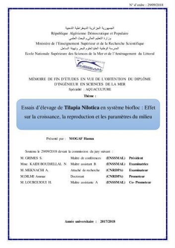 Essais d’élevage de Tilapia Nilotica en système biofloc : Effet sur la croissance, la reproduction et les paramètres du milieu Essais d’élevage de Tilapia Nilotica en système biofloc : Effet sur la croissance, la reproduction et les paramètres du milieu