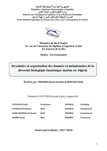 Inventaire et organisation des données et métadonnées de la diversité biologique faunistique marine en Algérie.: Inventaire et organisation des données et métadonnées de la diversité biologique faunistique marine en Algérie.: