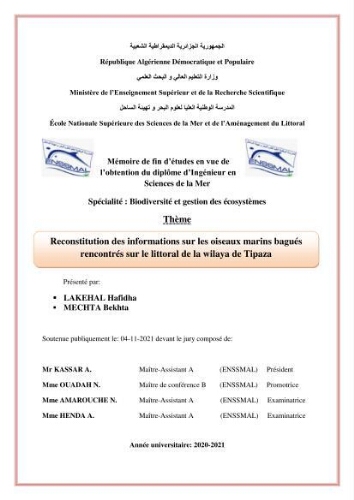 Reconstitution des informations sur les oiseaux marins bagués rencontrés sur le littoral de la wilaya de Tipaza Reconstitution des informations sur les oiseaux marins bagués rencontrés sur le littoral de la wilaya de Tipaza