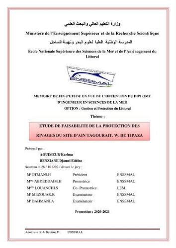 Etude de faisabilité de la protection des rivages du site d'Ain Tagourait.w.de Tipaza Etude de faisabilité de la protection des rivages du site d'Ain Tagourait.w.de Tipaza
