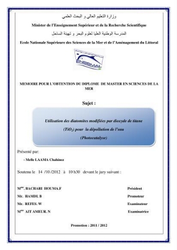 Utilisation des diatomites modifiées par dioxyde de titane (TiO2) pour la dépollution de l'eau (Photocatalyse): Utilisation des diatomites modifiées par dioxyde de titane (TiO2) pour la dépollution de l'eau (Photocatalyse):