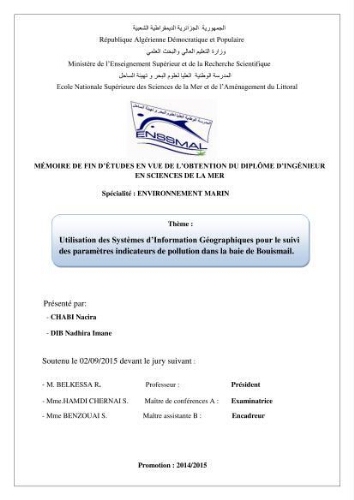 Utilisation des Systèmes d'Information Géographiques pour le suivi des paramètres indicateurs de pollution dans la baie de Bou-Ismail: Utilisation des Systèmes d'Information Géographiques pour le suivi des paramètres indicateurs de pollution dans la baie de Bou-Ismail: