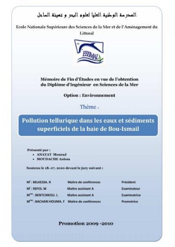 Pollution tellurique dans les eaux et sédiments superficiels de la baie de Bou-Ismail Pollution tellurique dans les eaux et sédiments superficiels de la baie de Bou-Ismail